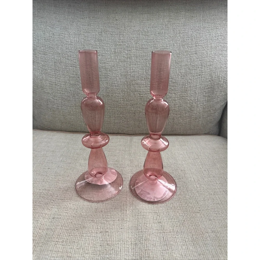 Delicate glass Pink Shabby Chic Cottagecore taper Candle Holder Pair new